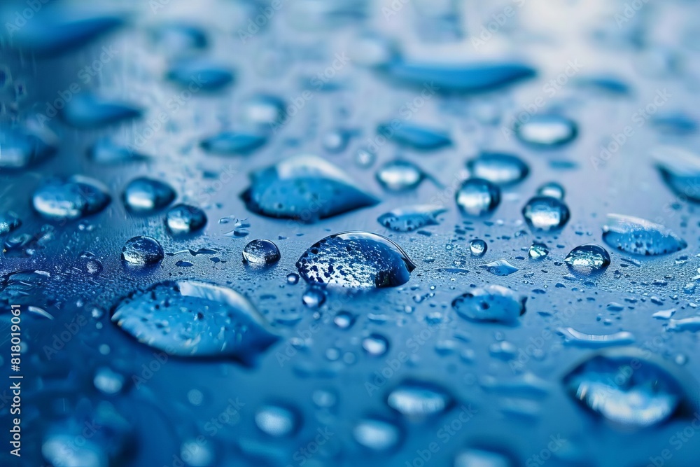 Closeup of water droplets on a blue surface