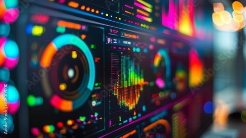 Closeup of a computer monitor displaying colorful data interfaces photo