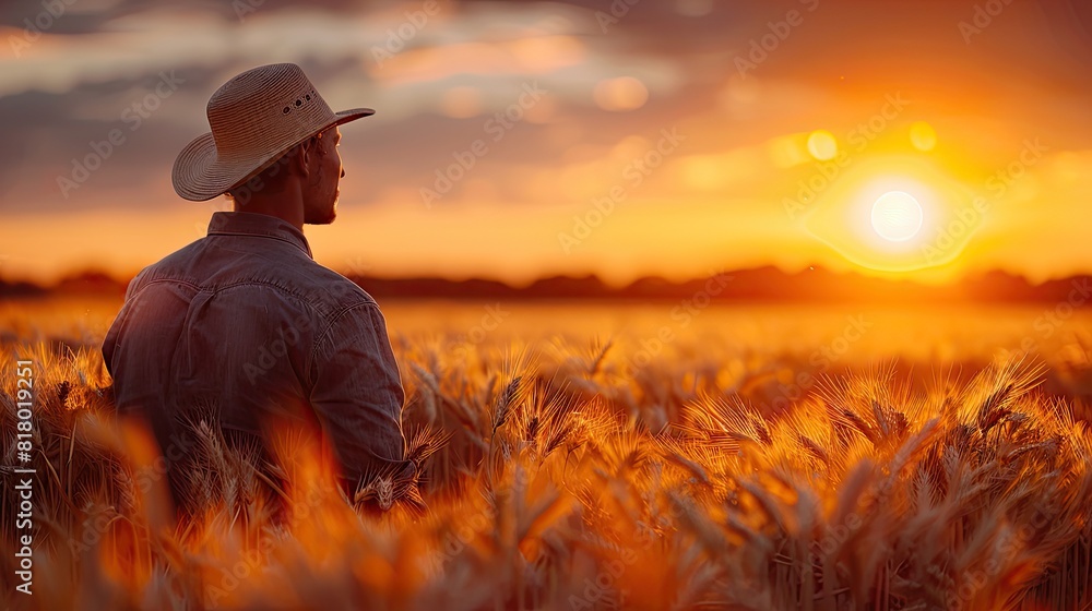 Fototapeta premium A farmer's silhouette against a golden sunset in a wheat field.