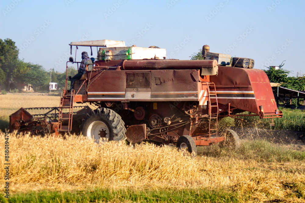 a wheat cutting machine swiftly harvesting a field of wheat a wheat cutting machine swiftly harvesting a field of wheat
