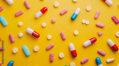 Colorful capsules and pills on a yellow background