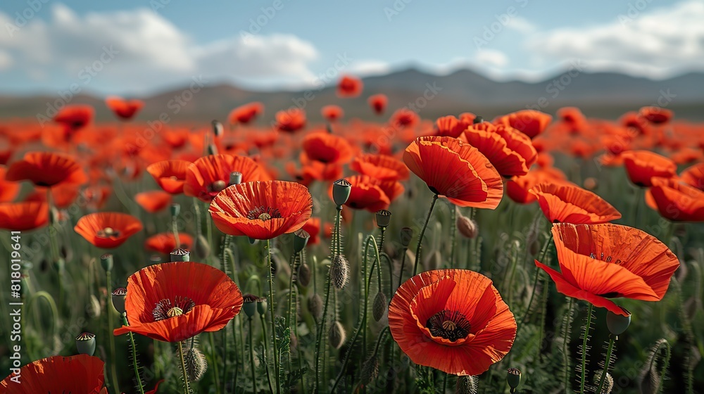 Obraz premium A field of bright red poppies in full bloom.
