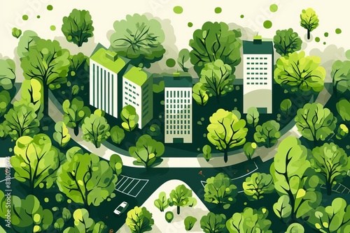 community tree planting flat design top view urban greening theme cartoon drawing Analogous Color Scheme photo