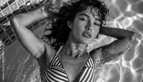 Editorial highlighting Canadian model in classic striped halter swimsuit photo