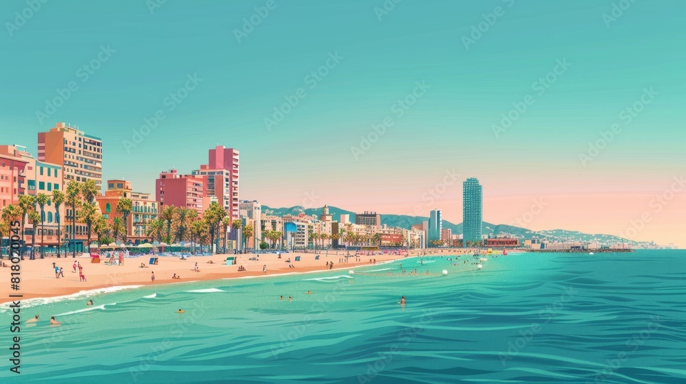 Illustration of Barceloneta Beach, Barcelona, Spain

