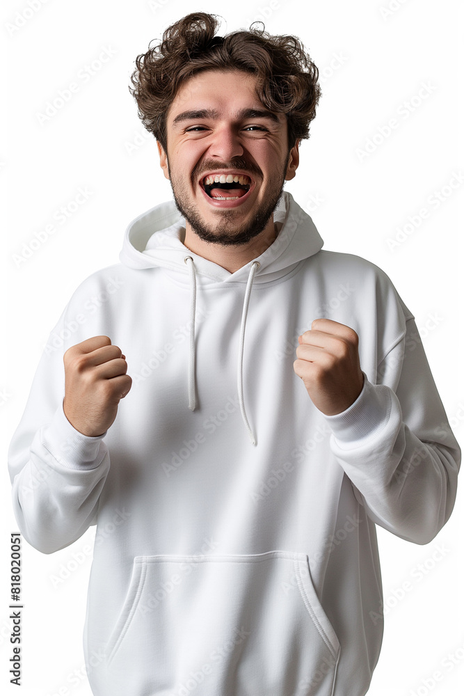 A man wearing a white hoodie celebrates happily A man wearing a white hoodie celebrates happily