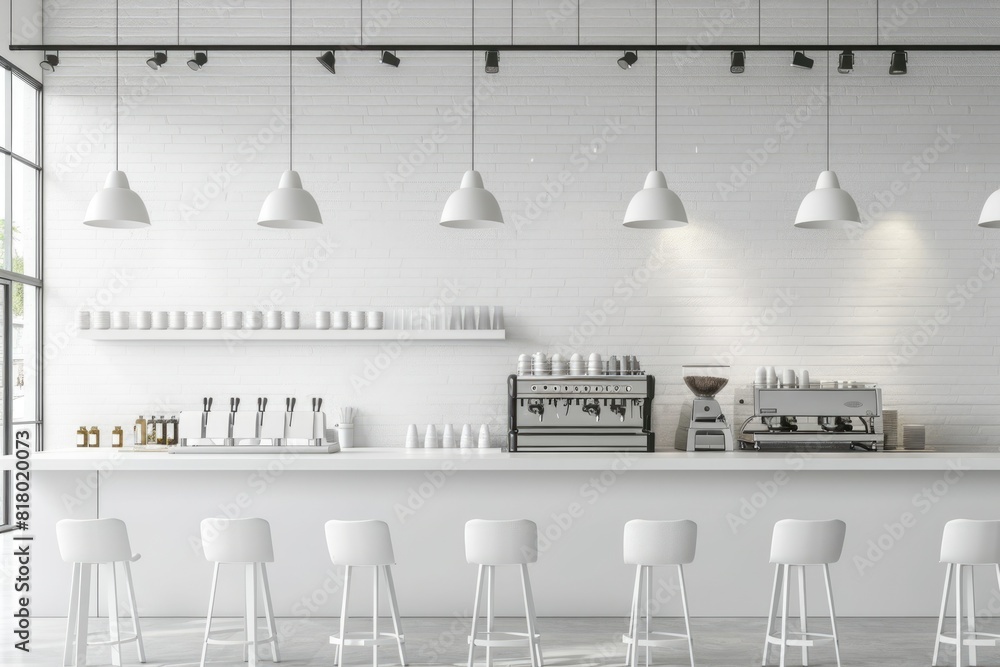 White Cafe Interior. Modern Bar and Counter Design in Contemporary Eatery Setting White Cafe Interior. Modern Bar and Counter Design in Contemporary Eatery Setting