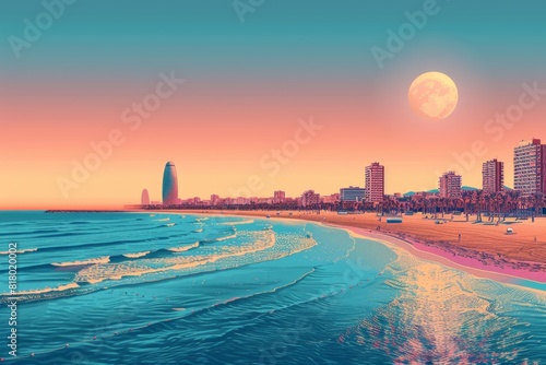 Illustration of Barceloneta Beach, Barcelona, Spain

