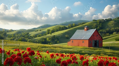 A picturesque farm with rolling hills and a red barn. © Sang