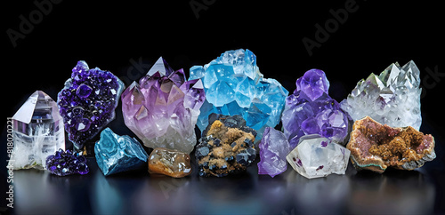 Selection of stunning crystal collector's specimens - large clusters and terminated quartz arranged in a row on a black background ideal for a crystal therapy practitioner wall art
