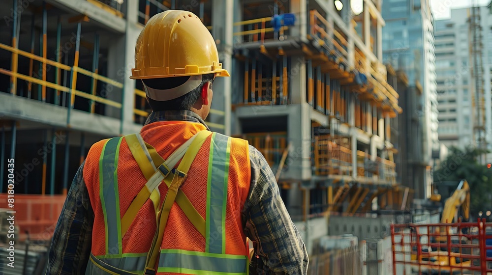 Construction worker in safety gear overseeing project