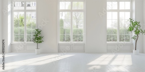 Windows Background. Modern White Empty Room with Large Windows for Scandinavian Interior Design