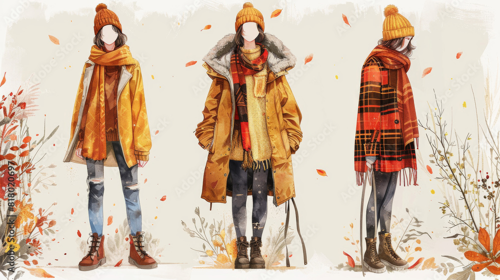 Naklejka premium Three women are wearing different types of clothing, including a plaid scarf