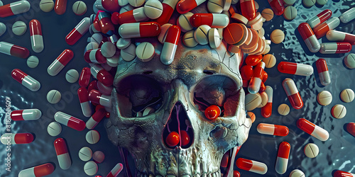 A combination of medically prescribed pills can cause an early death - human skull surrounded by different medicines in capsule form depicting care and warning about mixing too many medications
