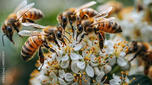 A close-up of bees buzzing around a flowering fruit tree. © Sang