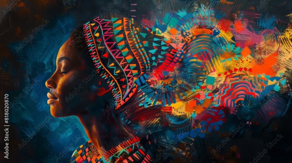 Fototapeta premium A woman head, emerging from a dark background, surrounded by a halo of colorful geometric patterns
