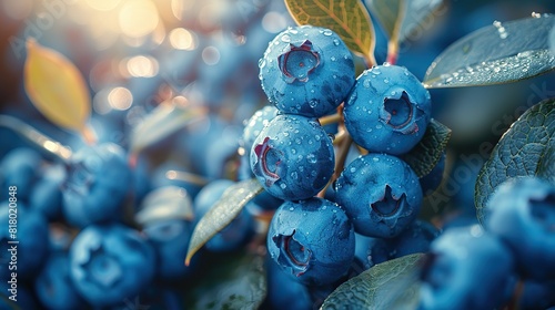 A close-up of ripe blueberries hanging on the bush. photo