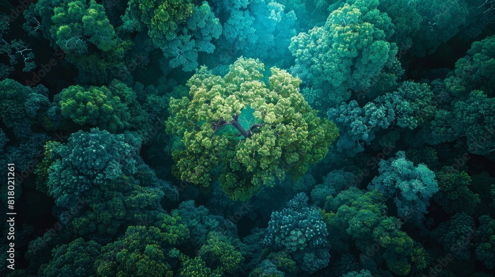 neon tree in the center of a dense forest of deep green and neon blue neon tree in the center of a dense forest of deep green and neon blue