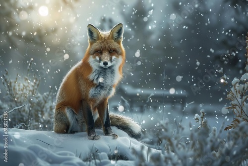 Cute, whimsical fox in a snowy landscape, embodying fantasy and nature