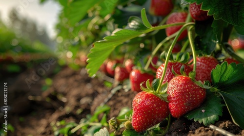 Strawberry Plant. Field of Fresh Red Ripe Strawberries in Greenhouse