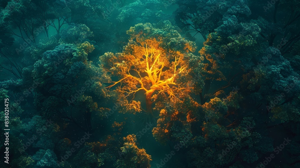 Fototapeta premium neon tree amidst a dense forest of emerald green and neon orange