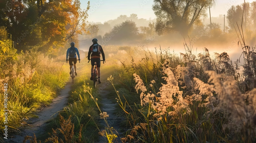 Obraz premium Cyclists enjoying a scenic trail at sunrise