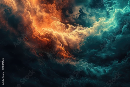 Dark Colorful Skyline: Abstract Nature Photo with Colorful Turbulence in Dark Orange and Dark Cyan