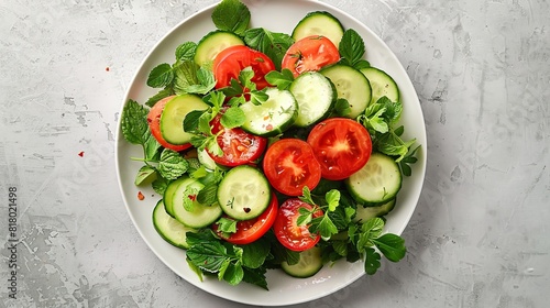 Fresh salad with tomato, cucumber and herbs, flat lay from above  © Awais