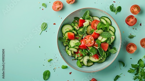 Fresh salad with tomato, cucumber and herbs, flat lay from above 