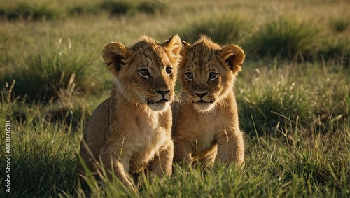 Two adorable baby lions in the grassland with tall blades of grass