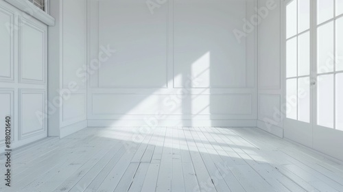 White Room Background. Empty Interior with Wooden Floor and White Walls in 3D Rendering