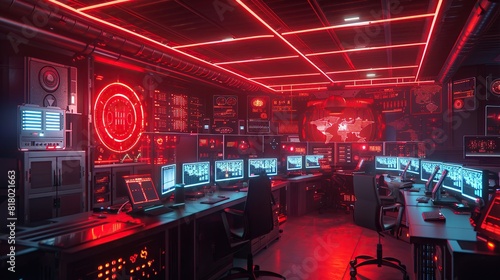 Futuristic cyber security control room with glowing red warning signs and computer monitors 