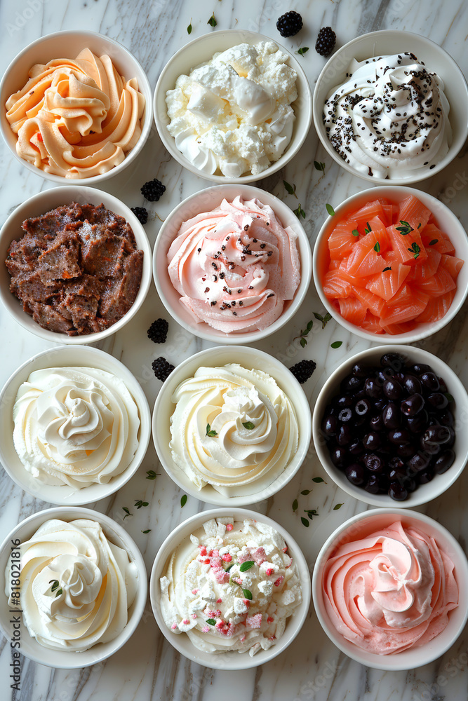 Assortment of various ice cream and dessert toppings in white bowls on marble surface. Assortment of various ice cream and dessert toppings in white bowls on marble surface.