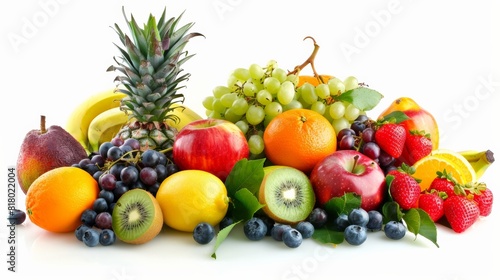 A variety of fruits are arranged together on a white background. 