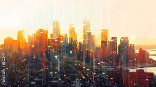 Digital graphs overlaid on cityscape, symbolizing urban economic growth photo
