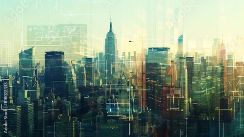 Digital graphs overlaid on cityscape, symbolizing urban economic growth