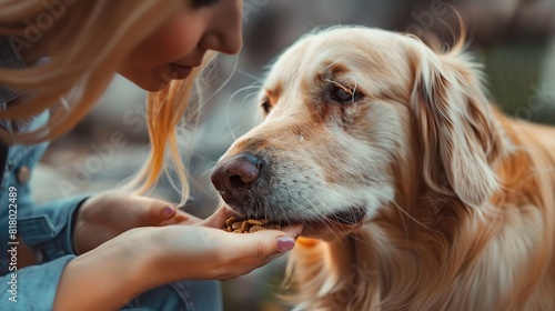 Golden retriever dog sniffing and choosing girl owner hand with food 