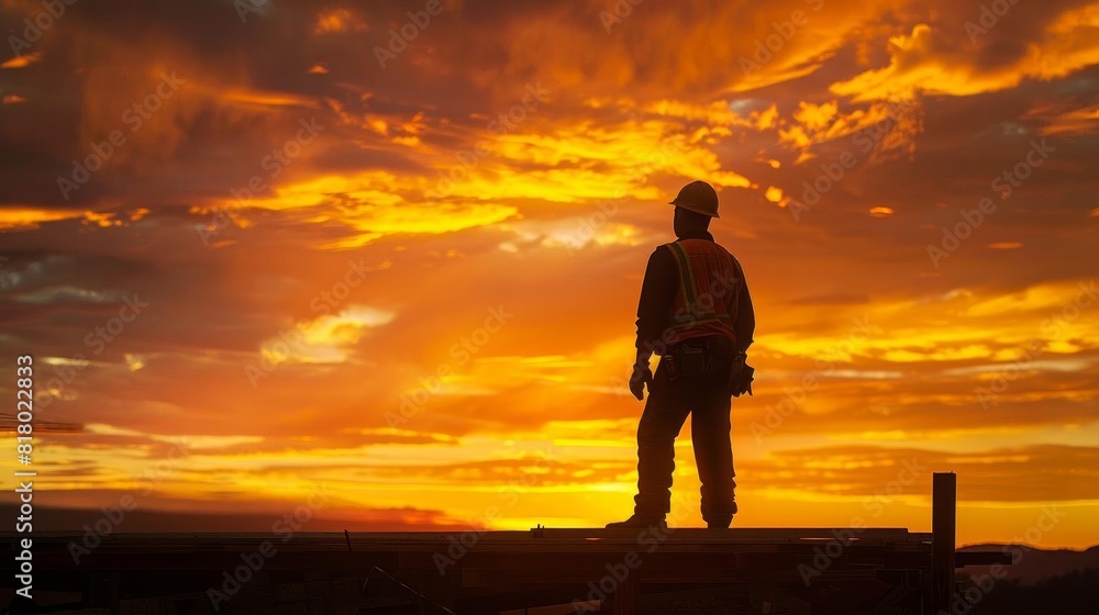 Fototapeta premium Distant view of a construction worker silhouetted against a sunset