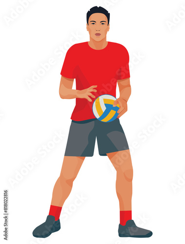 Vietnamese volleyball player in a red T-shirt shirt standing with the ball in his hands during a game