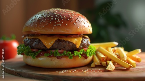 Grilled beef burger with cheese and fries generated by 