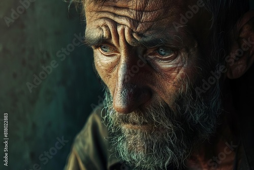 Dramatic portrait of a rugged man, highlighting emotional depth and human struggle