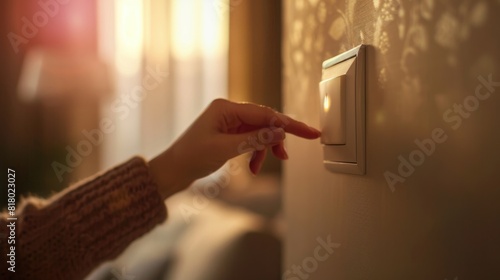 Engaging the light switch in home, poised between turning it on or off. 