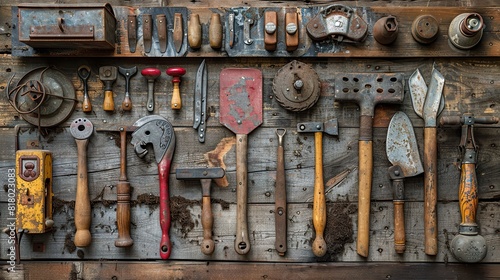 A collection of antique farming tools displayed on a barn wall. photo