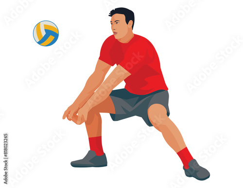 Figure of Asian volleyball player in red t-shirt who hits and pass the ball