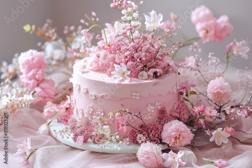 Exquisite pink cake adorned with an array of fresh spring flowers and delicate blossoms on a softly draped fabric background. Generative AI