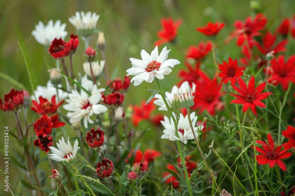 Flowers Red And White. Beautiful Red and White Daisy Flowers Closeup in a Field on a Sunny Day Flowers Red And White. Beautiful Red and White Daisy Flowers Closeup in a Field on a Sunny Day