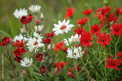 Flowers Red And White. Beautiful Red and White Daisy Flowers Closeup in a Field on a Sunny Day