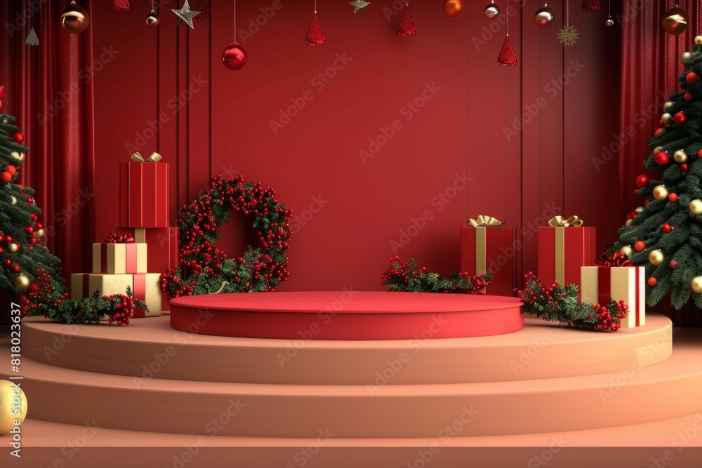 Christmas holiday display with red and gold decor, featuring gift boxes, wreaths, and a festive tree. Studio mockup with copy space. Seasonal showcase for product presentation. Generative AI Christmas holiday display with red and gold decor, featuring gift boxes, wreaths, and a festive tree. Studio mockup with copy space. Seasonal showcase for product presentation. Generative AI