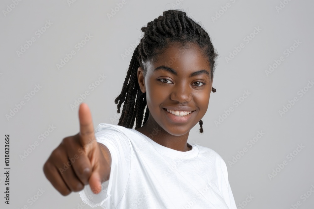 Woman Wearing Tee Shirt. Confident African American Woman Pointing Proudly with a Smile Woman Wearing Tee Shirt. Confident African American Woman Pointing Proudly with a Smile