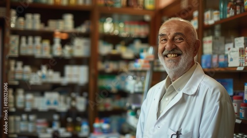 Elderly pharmacist smiling in a traditional pharmacy